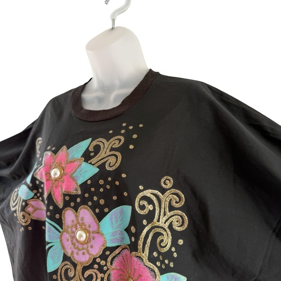 Vintage‎ Sassy Phillips Sweatshirt Womens Medium Black Dolman Floral Pearl 80s - Picture 7 of 16